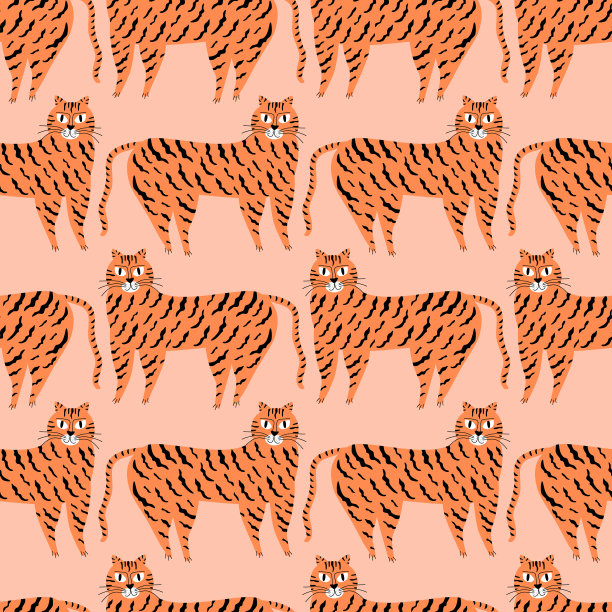 可爱的姜老虎手绘矢量插图。野生大猫。有趣的动物无缝模式。图片下载