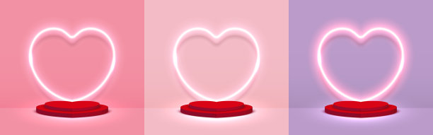 用心形霓虹灯装饰的舞台讲台。底座场景与产品展示在粉红色，紫色的背景。情人节的背景。最小的风格。矢量插图。图片下载