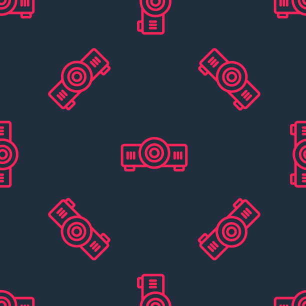 红色线表示，电影，电影，媒体投影机图标孤立无缝图案在黑色背景。向量图片下载
