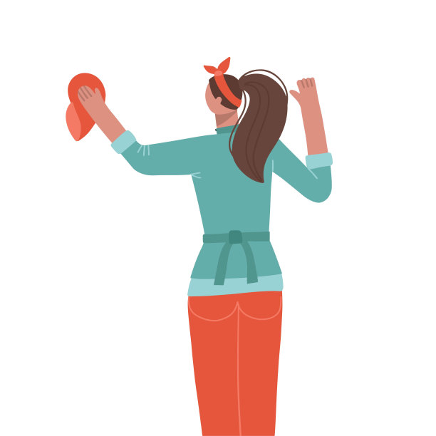 女工用抹布擦玻璃或墙壁。清洁工，看门人，女保洁员，办公室女服务员。春季清洁字符后视图。手绘平面矢量插图。图片下载