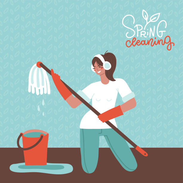 戴着耳机的女孩洗地板，玩得开心。女人像弹吉他一样弹拖把。女性角色在春季大扫除时唱歌。平手绘制的矢量横幅与字母文本。图片下载