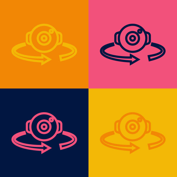 波普艺术线360度视图图标孤立的颜色背景。虚拟现实。角度360度的相机。全景照片。向量图片下载