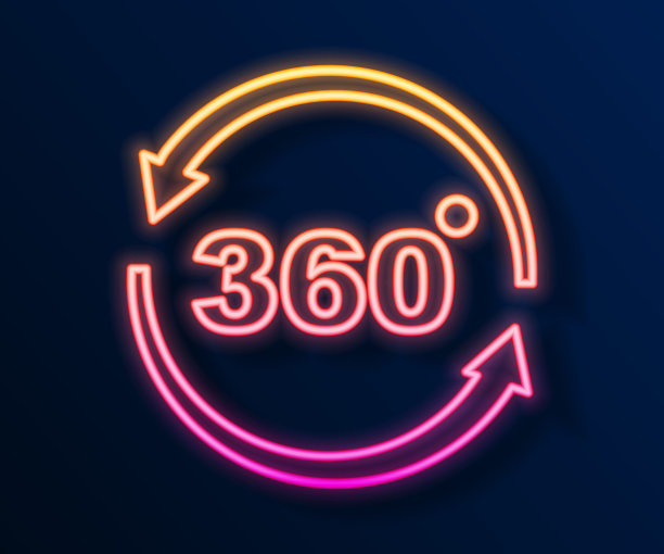 发光霓虹灯线360度视图图标孤立在黑色背景。虚拟现实。角度360度的相机。全景照片。向量图片下载