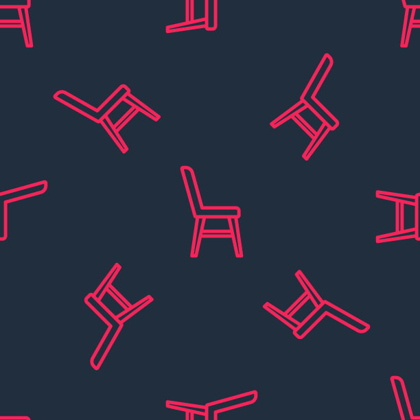 红色线条椅子图标孤立无缝模式上的黑色背景。向量图片下载
