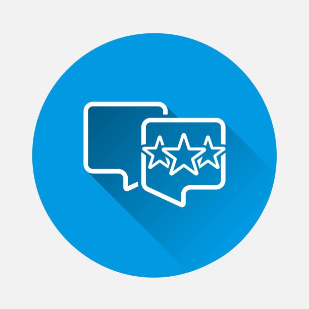 矢量图标手按一个星号按钮。蓝色背景上的评级图标。带有长阴影的平面图像。图片下载