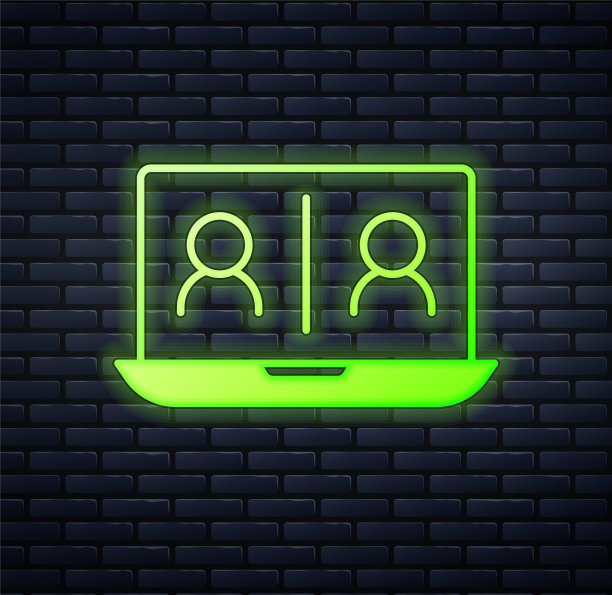 发光的霓虹灯视频聊天会议图标孤立在砖墙背景。在线会议可以在家工作。远程项目管理。向量图片下载