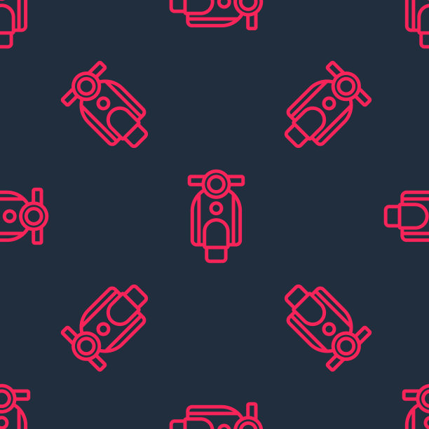 红线滑板车图标孤立无缝图案上的黑色背景。向量图片下载