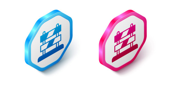 在白色背景上孤立的铁路轨道图标的等距末端。停止的迹象。铁路缓冲器一端到目的地。六角按钮。向量图片下载