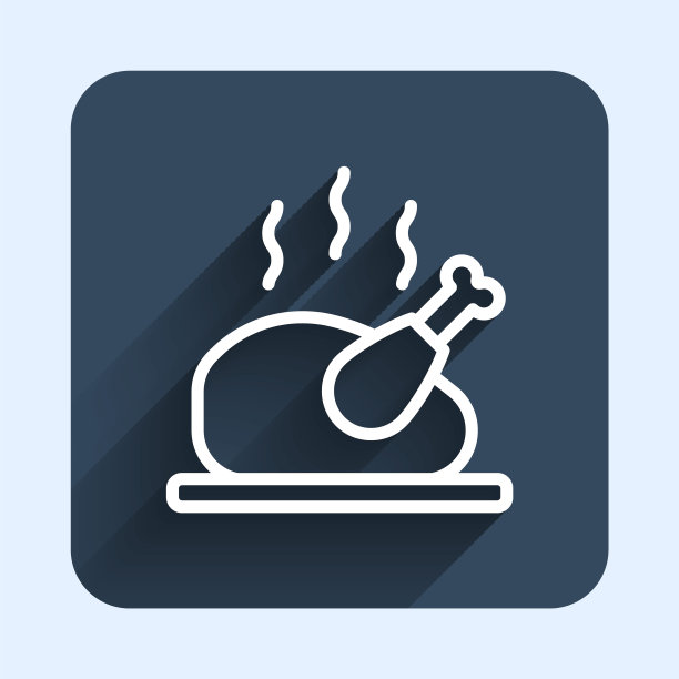 白线烤火鸡或鸡肉图标孤立与长阴影背景。蓝色方块按钮。向量图片下载