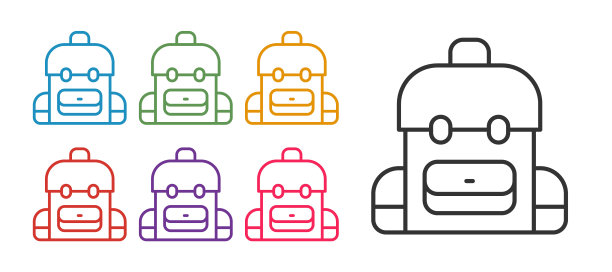设置行学校背包图标孤立在白色背景上。设置图标丰富多彩。向量图片下载