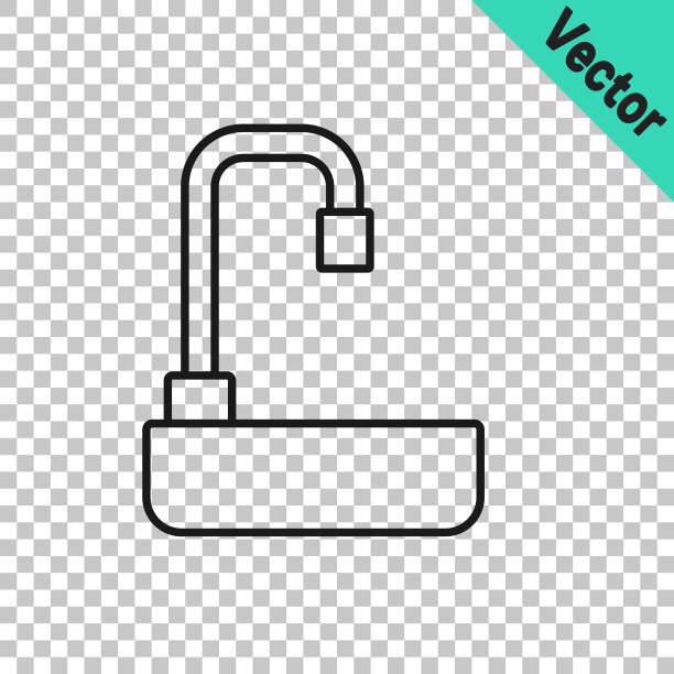 黑线洗脸盆与水龙头图标孤立在透明的背景上。向量图片下载