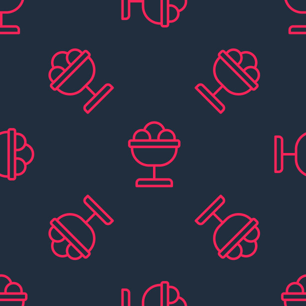 红色线条冰淇淋在碗图标孤立无缝图案黑色背景。甜蜜的象征。向量图片下载