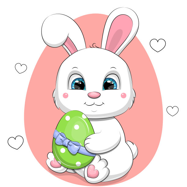 可爱的卡通小白兔和绿色的复活节彩蛋。图片下载