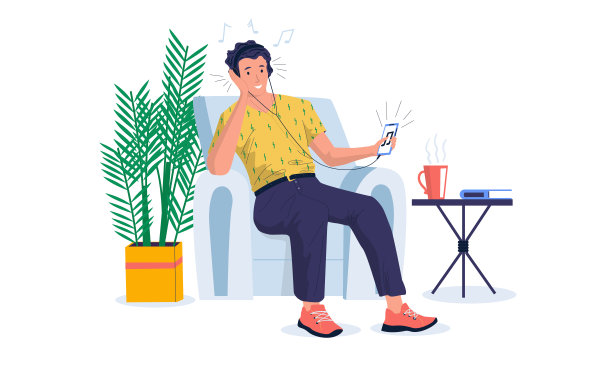 音乐疗法。卡通人物通过耳机听音乐，享受声音、播客或在线采访。带着耳机的年轻人图片下载