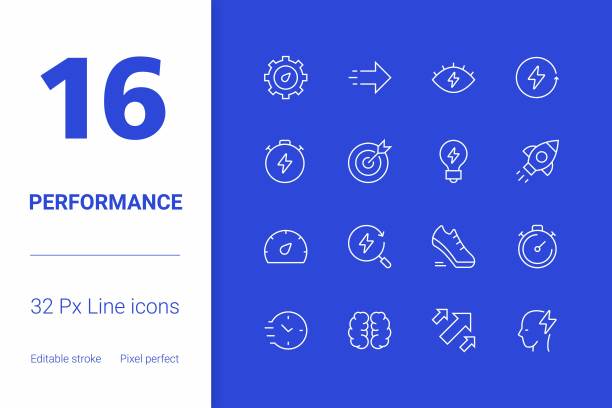 性能，可编辑的笔画线图标设置，现代图标设计。图片下载