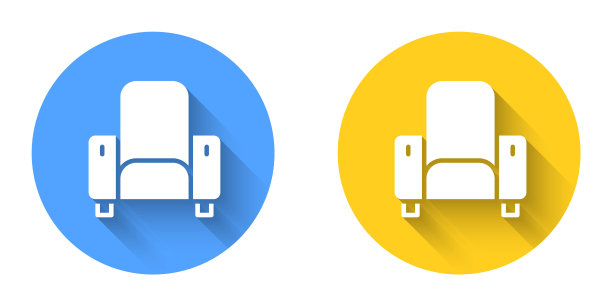 白色电影椅图标孤立与长阴影背景。圆按钮。向量图片下载