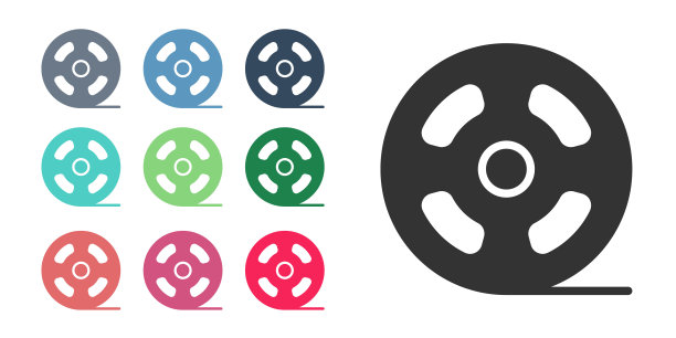 黑色电影卷轴图标孤立在白色背景上。设置图标丰富多彩。向量图片下载