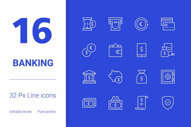 银行，可编辑的笔画线图标设置，现代图标设计。图片下载