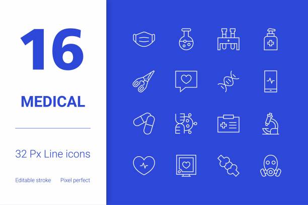 医疗，可编辑的笔画线图标设置，现代图标设计。图片下载