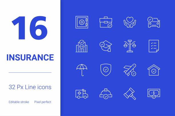 保险，可编辑的笔画线图标设置，现代图标设计。图片下载