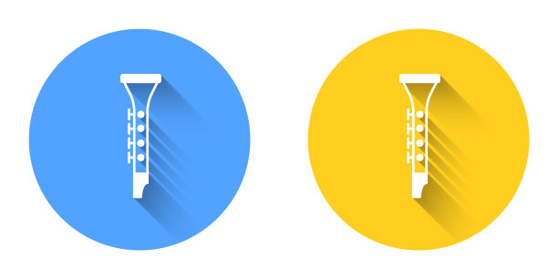 白色单簧管图标孤立与长阴影背景。乐器。圆按钮。向量图片下载