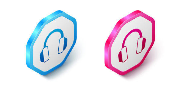 等距耳机图标孤立在白色背景上。耳机。概念听音乐，服务，沟通和运营商。六角按钮。向量图片下载