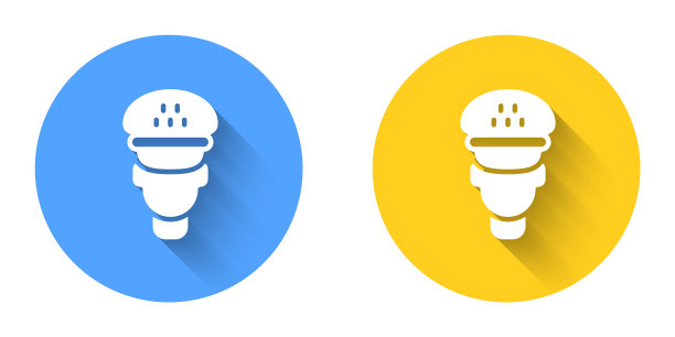 白色出租车司机图标孤立与长阴影背景。圆按钮。向量图片下载