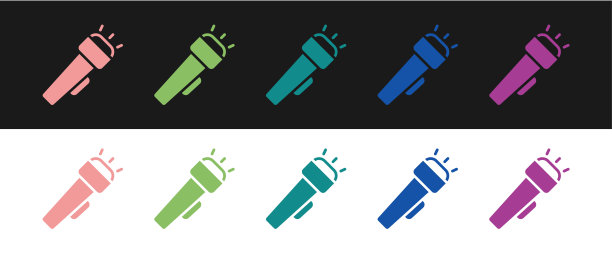 设置手电筒图标孤立在黑白背景上。向量图片下载