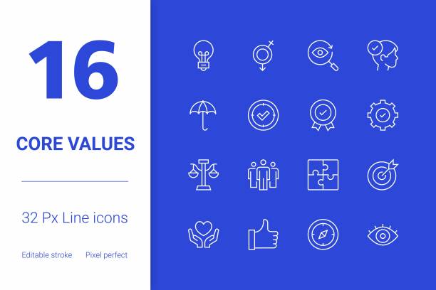 核心价值，可编辑的笔画线图标设置，现代图标设计。图片下载