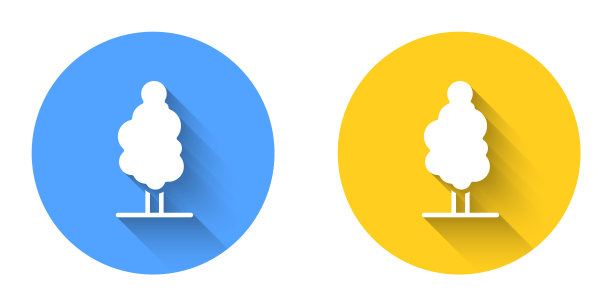 白色树图标孤立与长阴影背景。森林的象征。圆按钮。向量图片下载