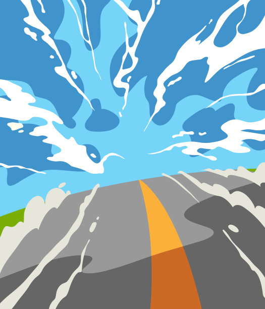 在云朵的映衬下，美丽的道路一直延伸到远方。手绘卡通矢量插图。图片下载