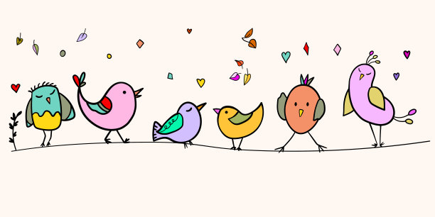 有趣的五颜六色的鸟坐在电线上。彩色平面矢量插图与小卡通鸟。可爱的人物。卡片，给孩子们的明信片图片下载