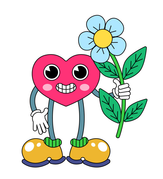 一颗捧着一朵花的心。男性角色在心脏形状在复古卡通风格孤立在白色背景。矢量插图。图片下载