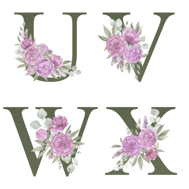 花型复古灰绿色字母，字母设置装饰水彩淡粉色牡丹，树叶和桉树树枝。完美的婚礼邀请，贺卡，标志和其他想法。图片下载