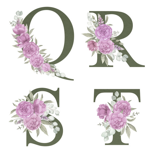 花型复古灰绿色字母，字母设置装饰水彩淡粉色牡丹，树叶和桉树树枝。完美的婚礼邀请，贺卡，标志和其他想法。图片下载