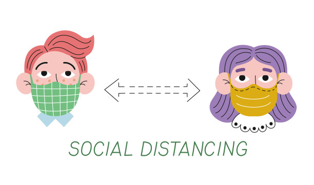 社会疏远彩色卡通风格插图。图片下载