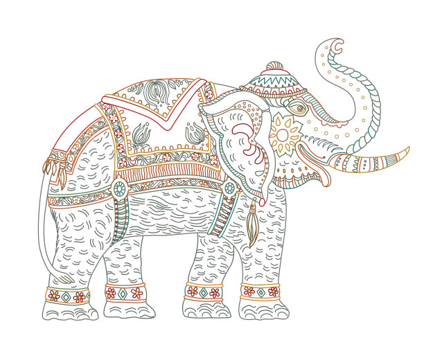 Vector华丽的印度大象。成人和儿童涂色书页图片下载