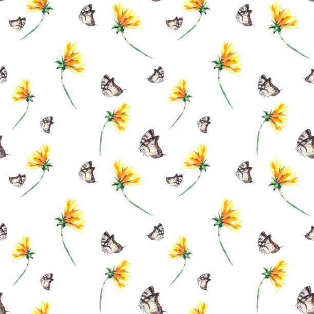 无缝向日葵和棕色蝴蝶图案。植物和昆虫。明亮的夏季背景纺织品壁纸，床上用品和包装。图片下载