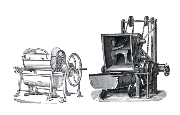 面包揉制机或面包搅拌机。在面包房里为做面包或长棍面包而揉面团。很好的老式插图。图片下载