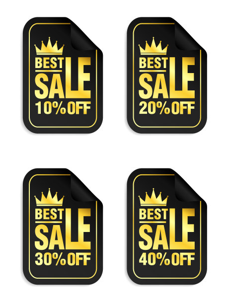 出售黑色贴纸与黄金文本集，皇冠图标。最畅销10%，20%，30%，40%的折扣图片下载