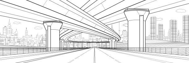 城市建筑和基础设施插图，汽车立交桥，大型桥梁，城市场景。黑色轮廓在白色背景。矢量设计艺术图片下载