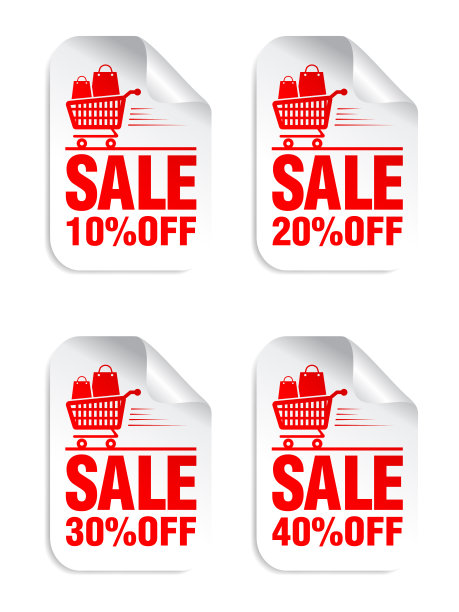 白色贴纸与红色文字设置销售，购物车与购物袋图标。降价10%，20%，30%，40%图片下载