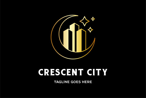 优雅豪华新月与城市建筑为房地产图标设计矢量图片下载