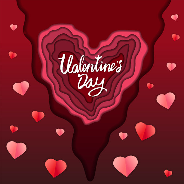 情人节快乐剪纸工艺设计横幅，红粉心和云彩。背景模板为贺卡、请柬、矢量图片下载