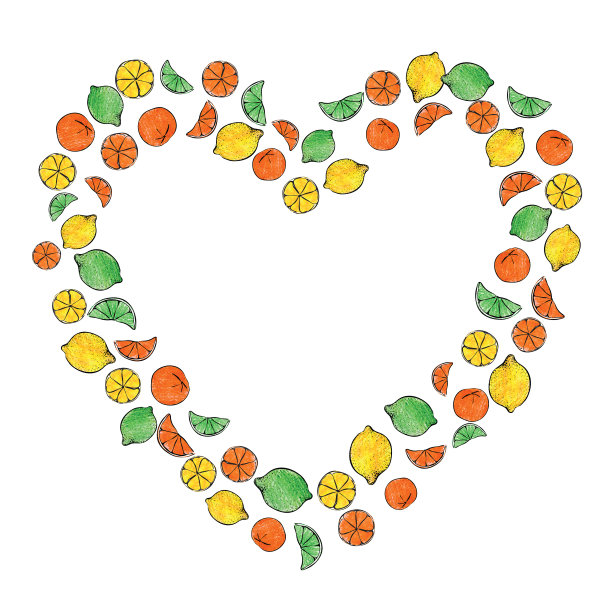 新鲜的夏季蜡笔手绘柑橘水果糖果浪漫的情人节边框心框戒指插图。适合做海报、贺卡或名片。与文本的自由空白复制空间图片下载
