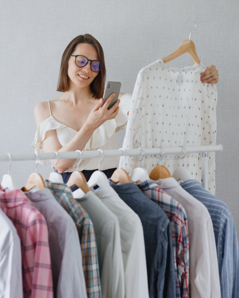 一位深色头发、戴着眼镜的欧洲女性专业造型师为参加商务会议或晚宴挑选服装图片下载