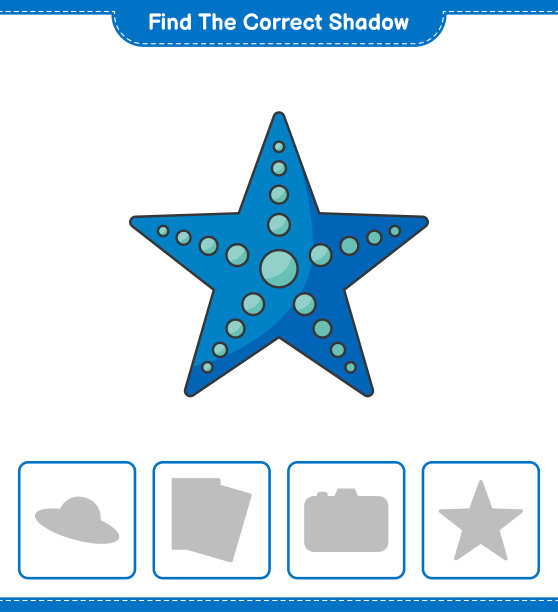 找到正确的影子。找到并匹配正确的海星的影子。教育儿童游戏，可打印的工作表，矢量插图图片下载