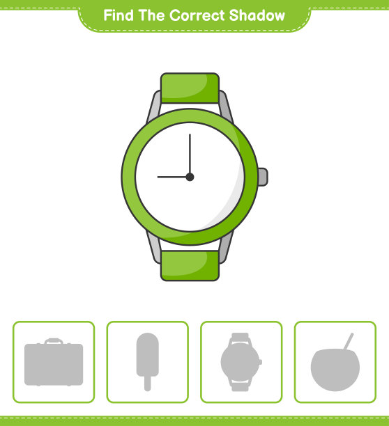 找到正确的影子。找到并匹配手表的正确影子。教育儿童游戏，可打印的工作表，矢量插图图片下载