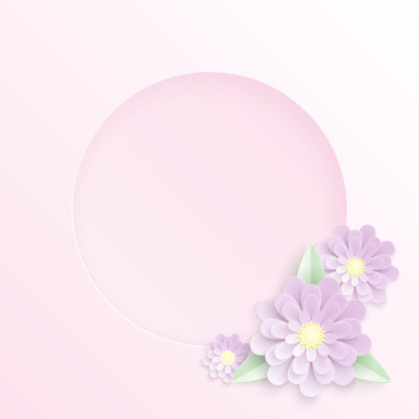 可爱的蜡笔矢量剪纸背景与三个紫色的花，绿色的叶子和中心的一个圆洞。花模板设计与紫罗兰分层元素的贺卡或婚礼邀请图片下载