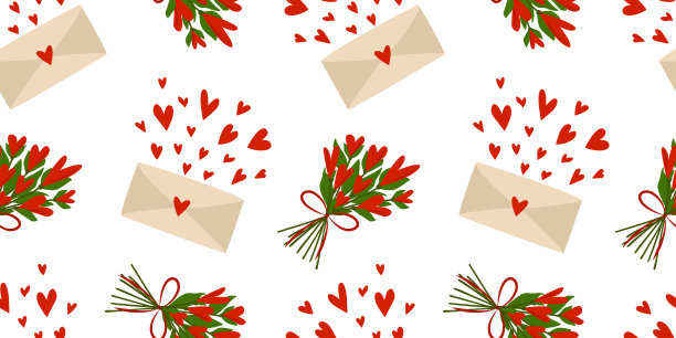 情人节的无缝模式。信封和心形花束。设计包装和文具。矢量插图。图片下载